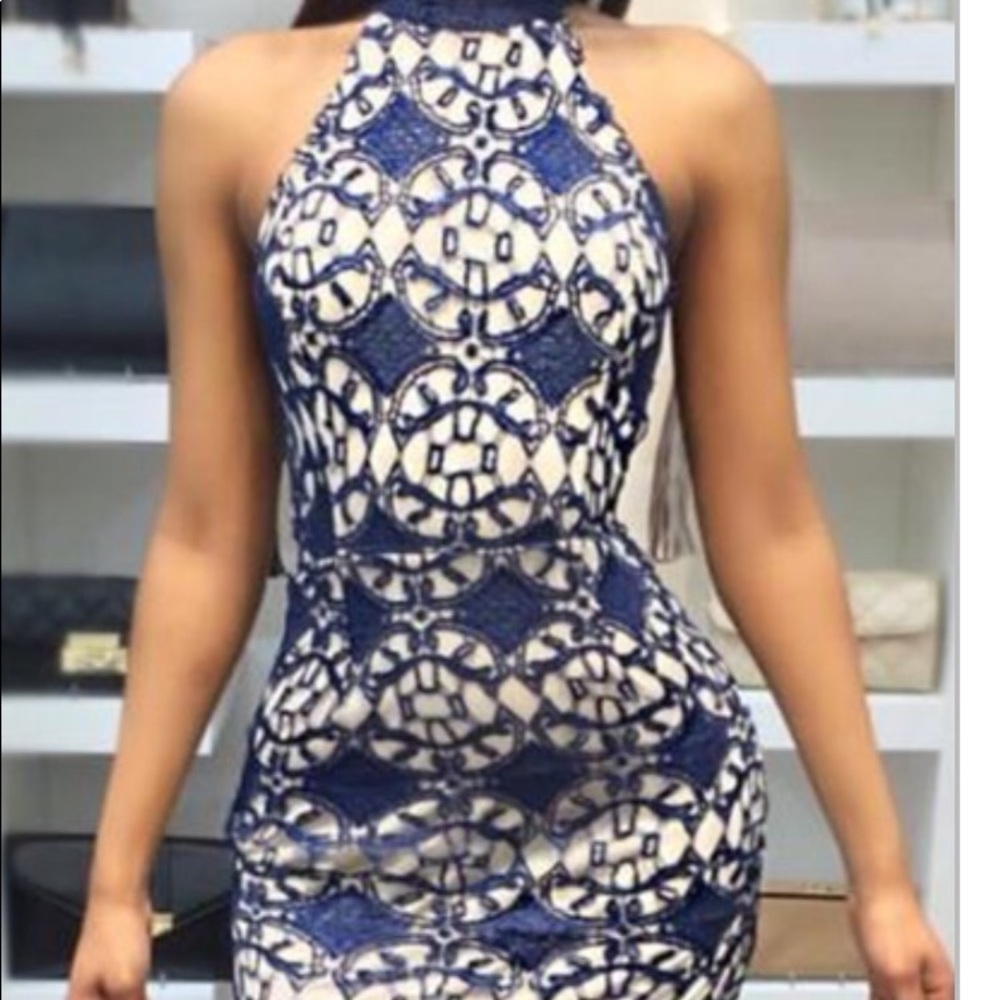 Blue knit white lined mini dress
